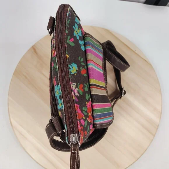 Relic Crossbody Purse Canvas & Faux Leather Trim Brown Floral & Stripes Small - Picture 6 of 15